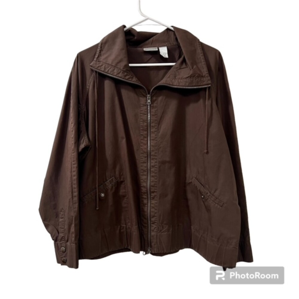 Chicos Brown Full Zip Cotton Drawstring Collar Long Sleeve Light Jacket Size 2